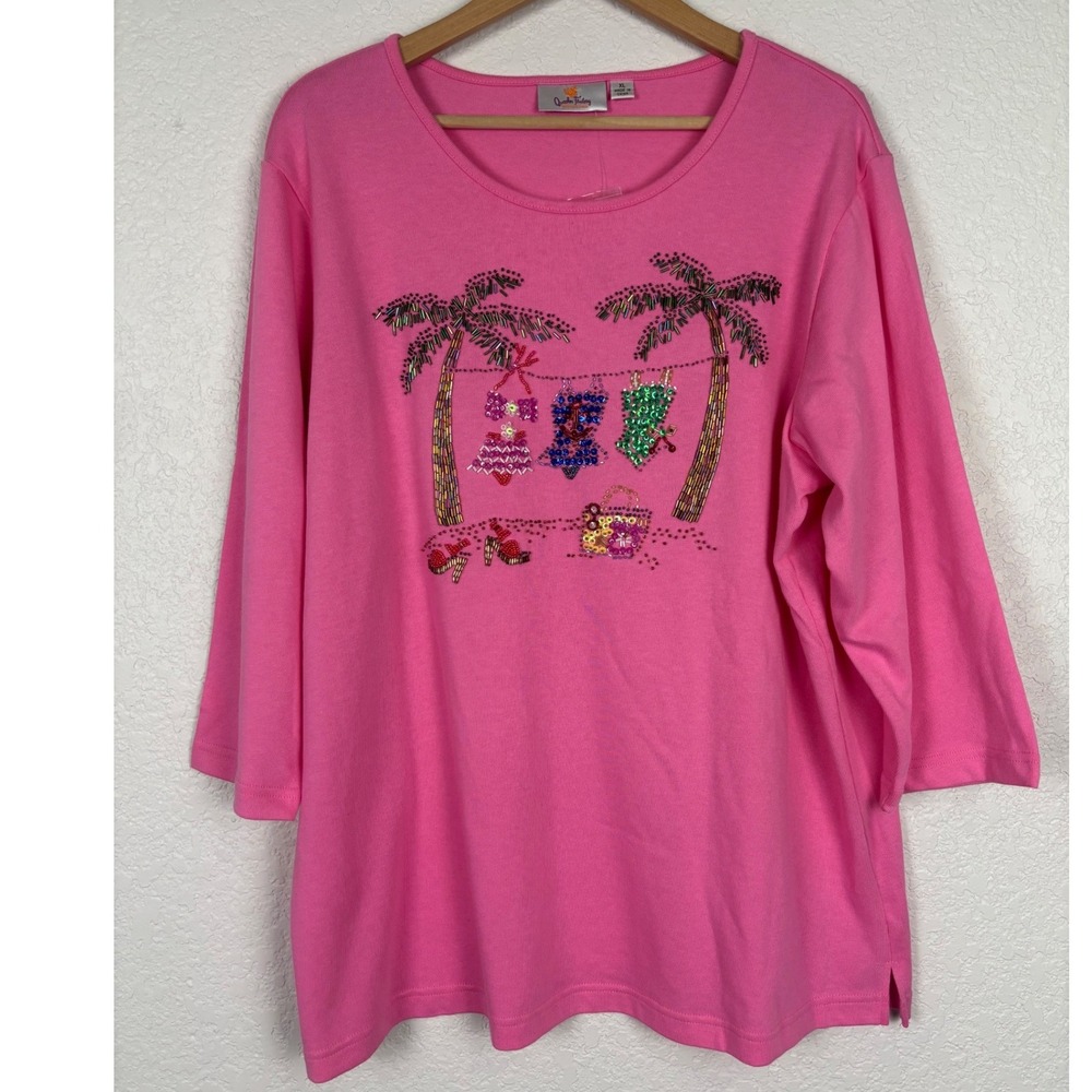Quacker‎ Factory Women Embellished Top SZ XL Pink Tropical Resort 100% Cotton